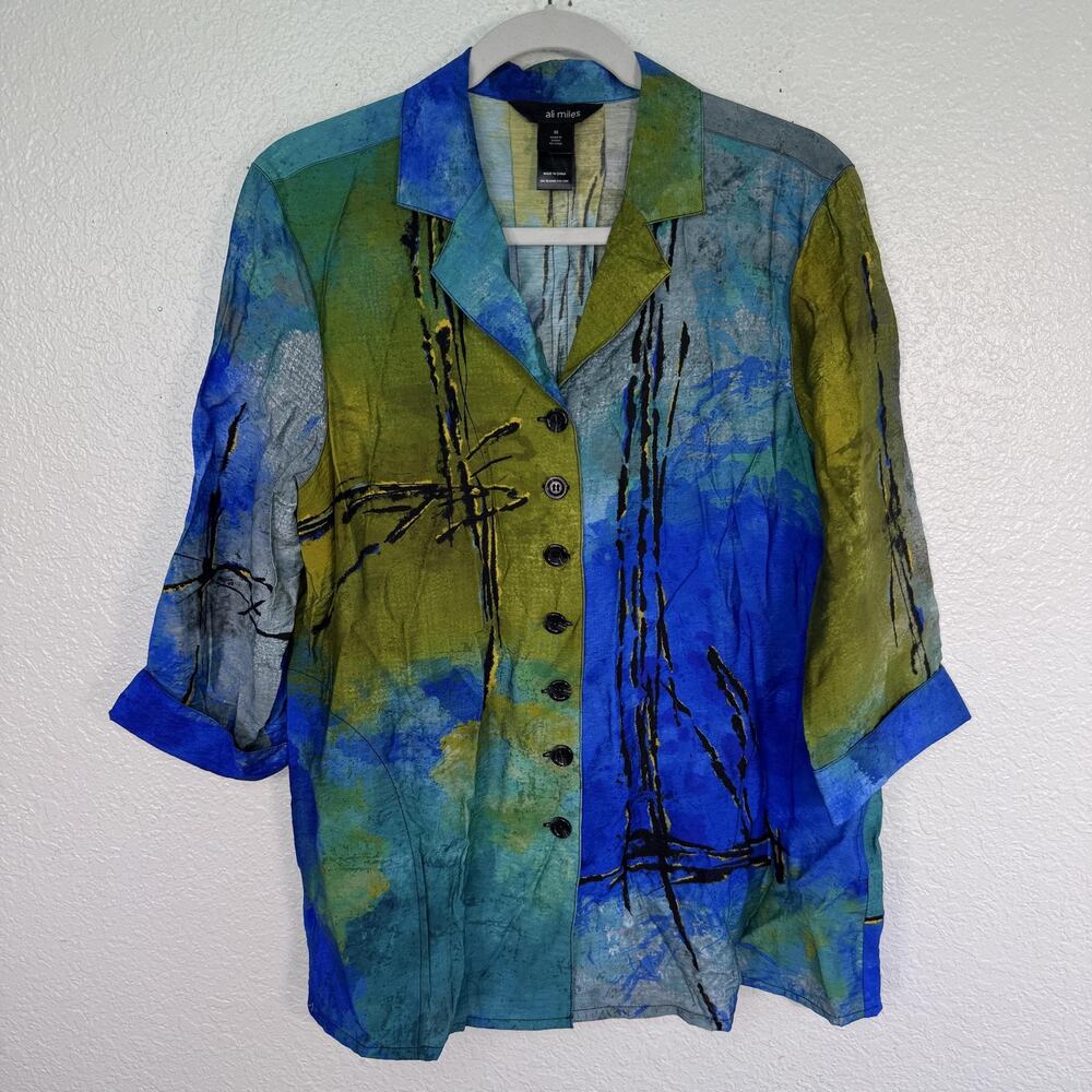 Ali Miles Top Womens Medium Button Up Tunic Abstract Art Print Blue Green Boho
